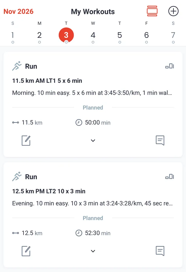 One day in Final Surge as the athlete sees it: a morning run, 11.5 km with 5 x 6 min at LT1 (3:45-3:50/km), and an evening run, 12.5 km with 10 x 3 min at LT2 (3:24-3:28/km).